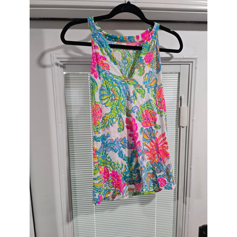 Lilly Pulitzer Pink Blue Green Floral Shell V-Neck Sleeveless Cotton Top Medium